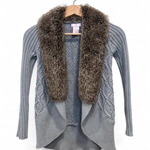 Y2K Faux Fur Collar Cable Knit Cropped Cardigan Grey XXS